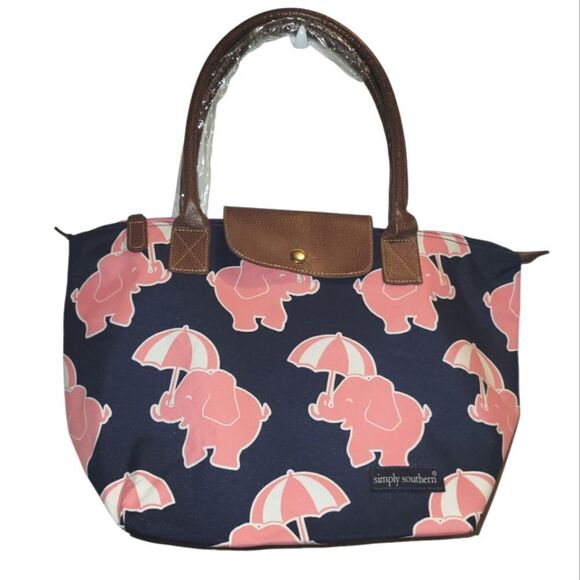 Simply Southern Canvas Tote Bag Blue Pink Elephant Beachy  NWT - Picture 1 of 6
